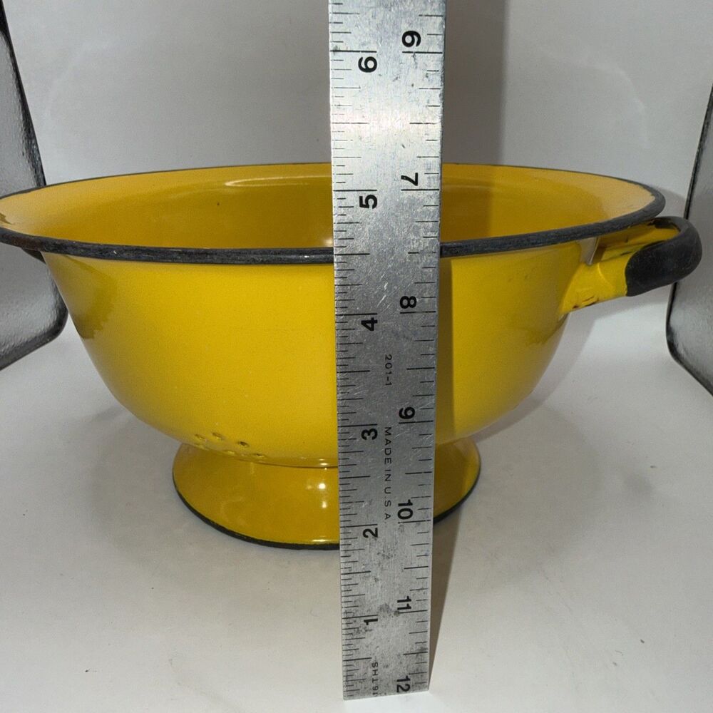 VTG Knobler Poland Yellow Footed Enamelware Black Rim Strainer Colander 9” - Picture 5 of 5